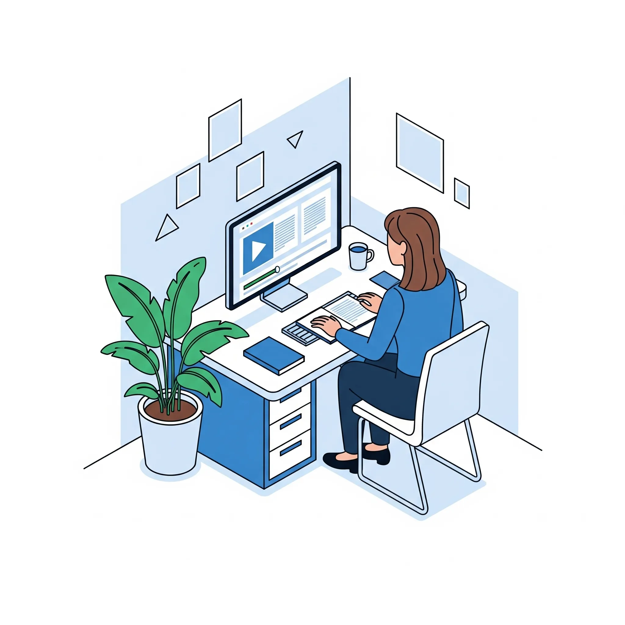 デスクで学習する女性のイラスト